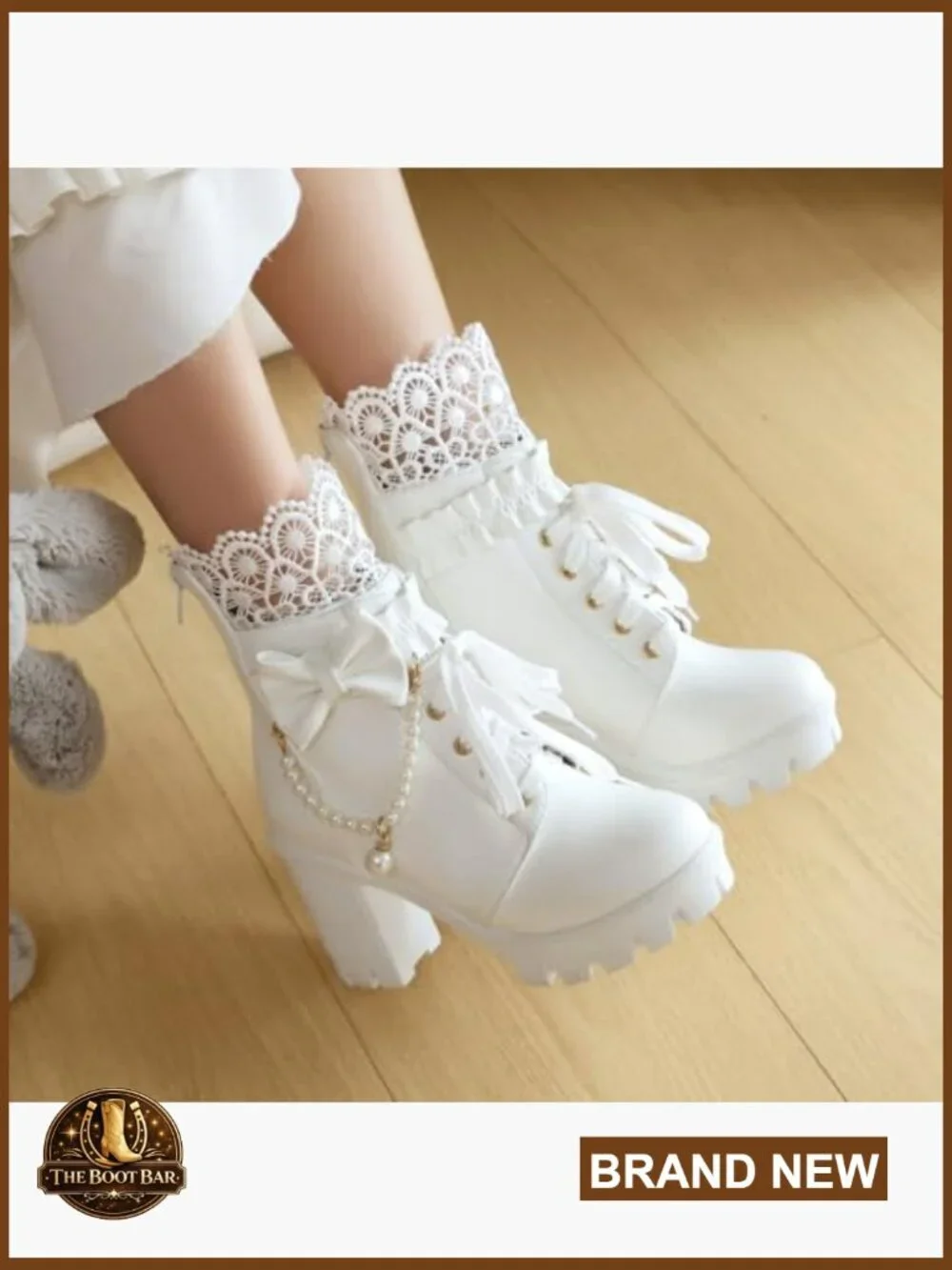 Platform Ankle Boots Chunky Heel Lace Pearl Chain Bow Goth Combat